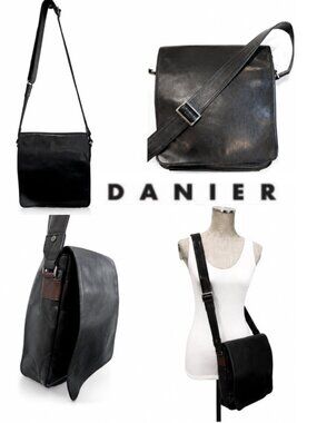 Danier Black Leather Messenger Bag Laptop Crossbody 12x9 Unisex Magnetic